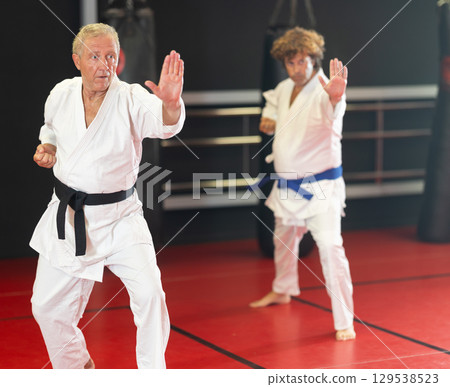 Senior martial artist training kata for healthy aging 129538523
