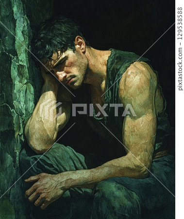 man strong features sits against rock lost in thought. His muscular build and expression convey deep contemplation in dark moody setting amplifies atmosphere. 129538588