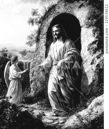 Jesus steps out of tomb angel nearby in quiet tranquil landscape as morning light begins illuminate scene symbolizing resurrection and hope. 129538612