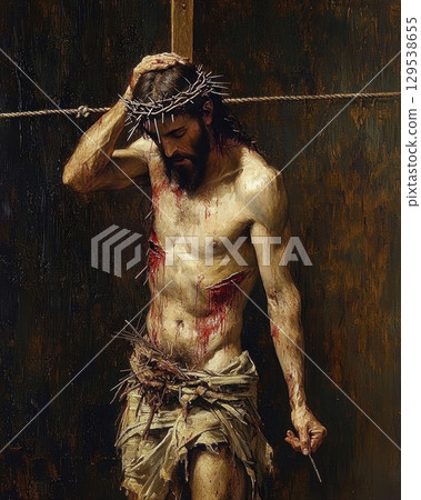 muscular man adorned crown of thorns stands in distress bloodied and wounded in dimly lit space conveying deep sorrow and suffering. muscular man adorned crown of thorns stands in distress bloodied and wounded in dimly lit space conveying deep sorrow and suffering. 129538655