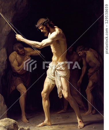 muscular figure exudes strength and sorrow trapped in dark environment. Shadows reveal distressed figures around him creating tense atmosphere captures emotional struggle. 129538659