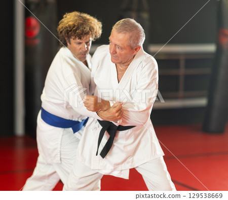 Senior aikido practitioner training with partner in dojo Senior aikido practitioner training with partner in dojo 129538669