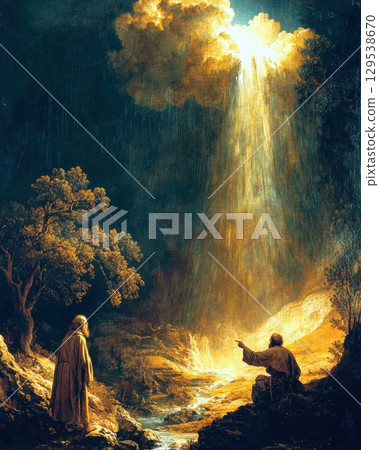 Two figures engage in discussion calm stream surrounded lush trees. Sunlight bursts from dark clouds creating stunning contrast in tranquil setting. Two figures engage in discussion calm stream surrounded lush trees. Sunlight bursts from dark clouds creating stunning contrast in tranquil setting. 129538670