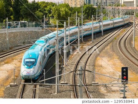 Turkish high-speed train YHT entering Ankara station Turkish high-speed train YHT entering Ankara station 129538941