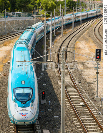 Turkish high-speed train YHT departing from Ankara Station Turkish high-speed train YHT departing from Ankara Station 129538942