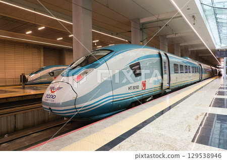 Turkish high-speed train HT80000 waiting to depart Ankara Station Turkish high-speed train HT80000 waiting to depart Ankara Station 129538946