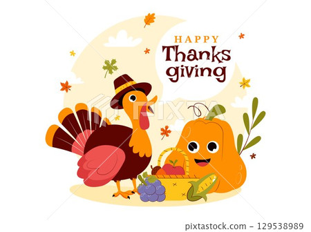 Happy Thanksgiving Day Vector Illustration featuring Turkey, Pumpkins, Autumn Leaves, and Various Festive Elements in a Flat Style Cartoon Background 129538989