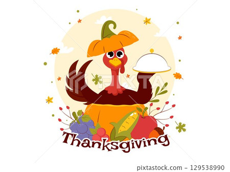 Happy Thanksgiving Day Vector Illustration featuring Turkey, Pumpkins, Autumn Leaves, and Various Festive Elements in a Flat Style Cartoon Background 129538990