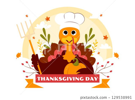 Happy Thanksgiving Day Vector Illustration featuring Turkey, Pumpkins, Autumn Leaves, and Various Festive Elements in a Flat Style Cartoon Background 129538991
