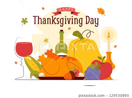 Happy Thanksgiving Day Vector Illustration featuring Turkey, Pumpkins, Autumn Leaves, and Various Festive Elements in a Flat Style Cartoon Background 129538993
