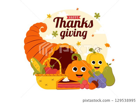 Happy Thanksgiving Day Vector Illustration featuring Turkey, Pumpkins, Autumn Leaves, and Various Festive Elements in a Flat Style Cartoon Background 129538995