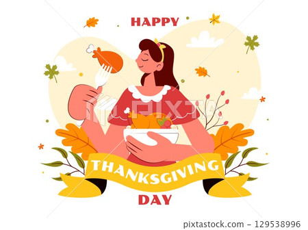 Happy Thanksgiving Day Vector Illustration featuring Turkey, Pumpkins, Autumn Leaves, and Various Festive Elements in a Flat Style Cartoon Background 129538996