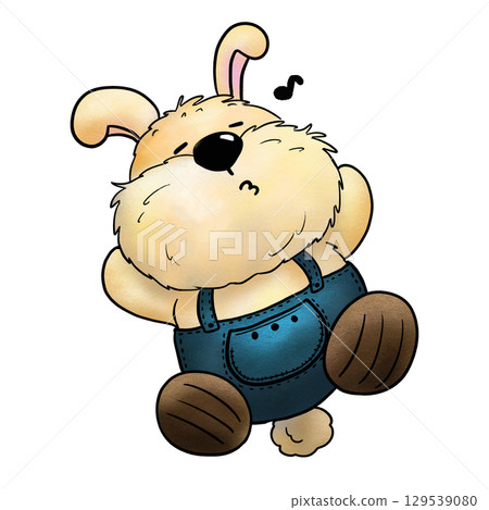 Cartoon rabbit wearing overalls is sleeping and singing color illustration Cartoon rabbit wearing overalls is sleeping and singing color illustration 129539080