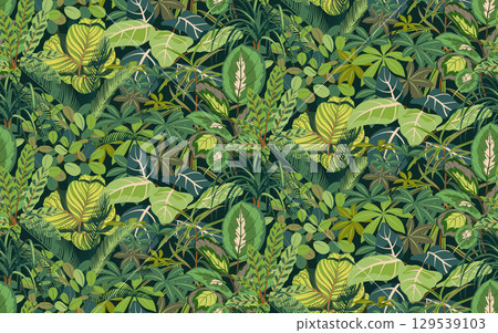 Bright vector seamless pattern with colorful tropical plants and flowers, palm leaves. Cute botanical contemporary endless background. Hand drawn unique print 129539103