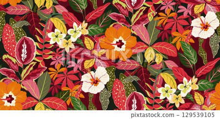 Bright vector seamless pattern with colorful tropical plants and flowers, palm leaves. Cute botanical contemporary endless background. Hand drawn unique print 129539105
