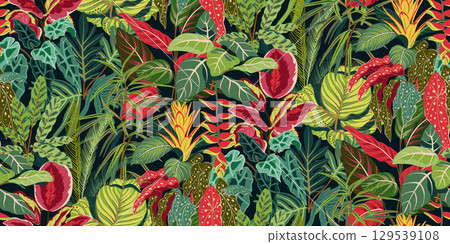 Bright vector seamless pattern with colorful tropical plants and flowers, palm leaves. Cute botanical contemporary endless background. Hand drawn unique print 129539108