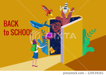 Back to school Girl greeting open book Back to school Girl greeting open book 129539161