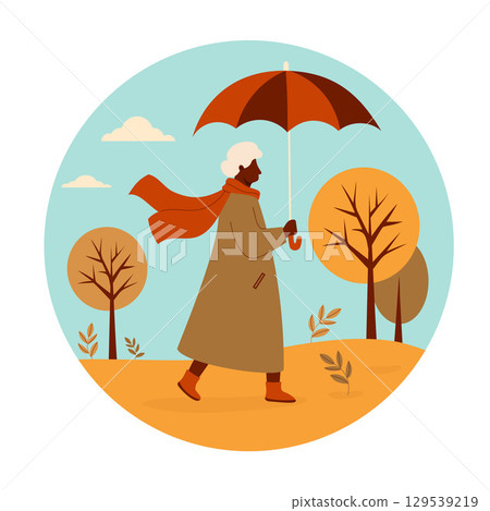Autumn Ethnic Elderly gray -haired woman walking with umbrella in fall park. Round Autumnal landscape background banner with trees. Vector illustration. Not AI Autumn Ethnic Elderly gray -haired woman walking with umbrella in fall park. Round Autumnal landscape background banner with trees. Vector illustration. Not AI 129539219