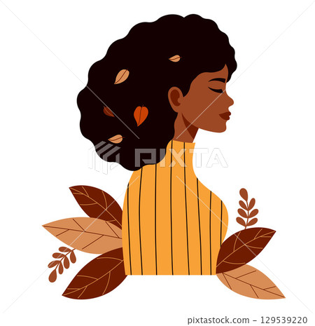 Cute Afro-American Woman with Autumn Leaves. Beautiful Female Autumnal ethnic Portrait in profile. Vector illustration. Not AI. Cute Afro-American Woman with Autumn Leaves. Beautiful Female Autumnal ethnic Portrait in profile. Vector illustration. Not AI. 129539220