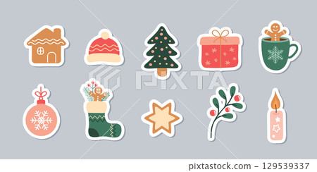 set of cute christmas decoration sticker isolated vector illustration set of cute christmas decoration sticker isolated vector illustration 129539337