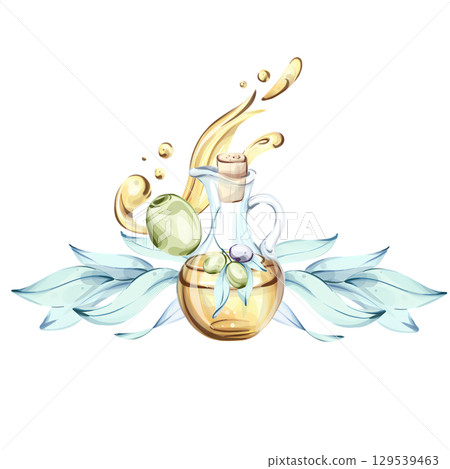 Exploring olive oil and olives through vibrant watercolor illustrations capturing the essence of Italian cuisine frame, border, arrangement 129539463