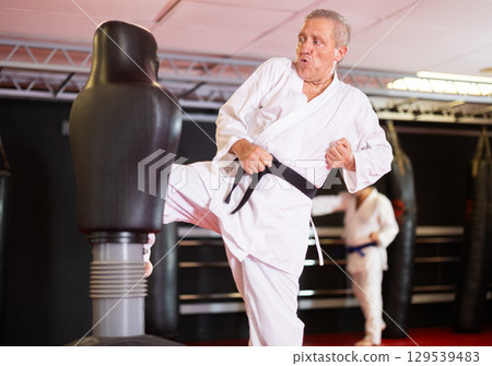 Senior karate practitioner kicking training dummy Senior karate practitioner kicking training dummy 129539483