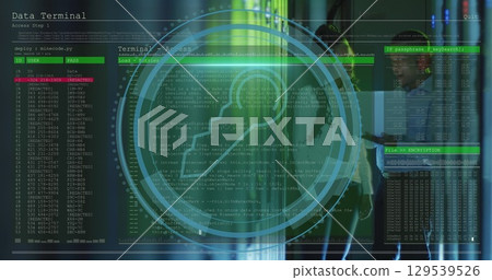 Image of data processing over african american workers in server room Image of data processing over african american workers in server room 129539526