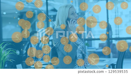 Image of data processing over diverse business people talking on smartphone in office 129539535