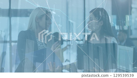 Image of data processing over diverse business people talking in office 129539539