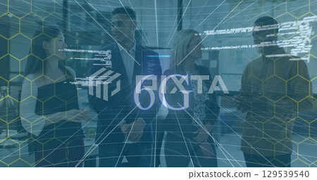 Image of data processing over diverse business people talking in office 129539540