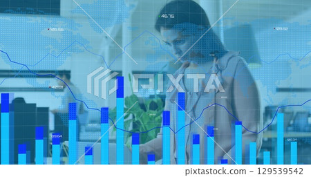 Image of data processing over diverse business people working in office 129539542