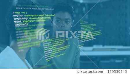 Image of data processing over diverse business people talking in office Image of data processing over diverse business people talking in office 129539543