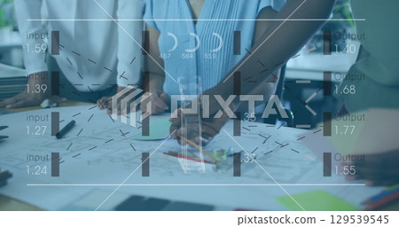 Image of data processing over diverse business people with documents in office Image of data processing over diverse business people with documents in office 129539545