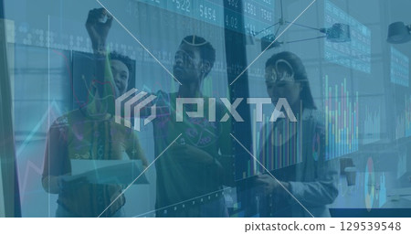 Image of data processing over diverse business people taking notes in office 129539548