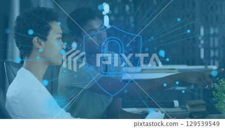 Image of data processing over diverse business people talking in office 129539549