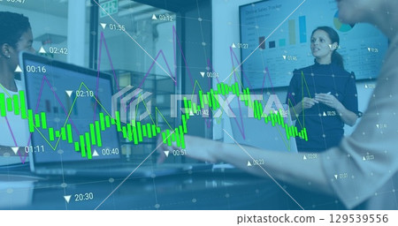 Image of data processing over diverse business people talking in office Image of data processing over diverse business people talking in office 129539556