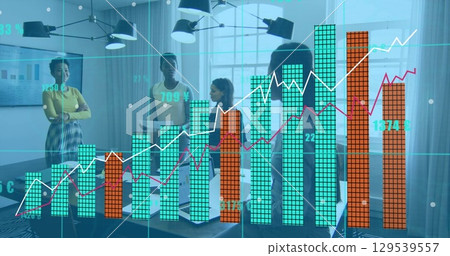 Image of data processing over diverse business people talking in office Image of data processing over diverse business people talking in office 129539557