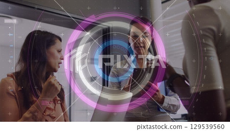 Image of data processing over diverse business people talking in office 129539560