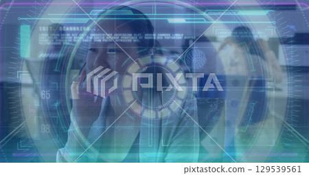 Image of data processing over asian businesswoman using phone headset in office 129539561