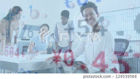 Image of data processing over diverse business people talking in office 129539568