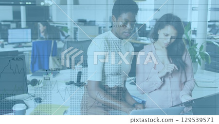 Image of data processing over diverse business people talking in office 129539571