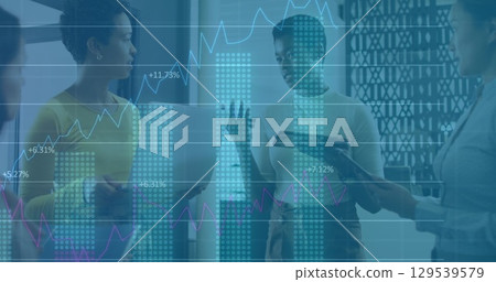 Image of data processing over diverse business people talking in office Image of data processing over diverse business people talking in office 129539579