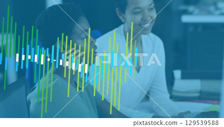 Image of data processing over diverse business people talking in office Image of data processing over diverse business people talking in office 129539588