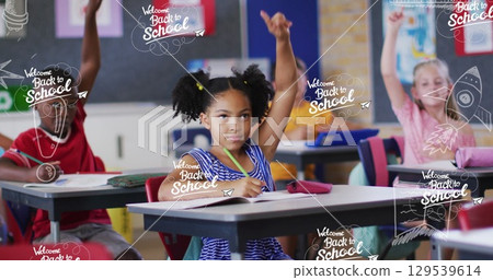 Image of falling multiple back to school icons over diverse group of students 129539614