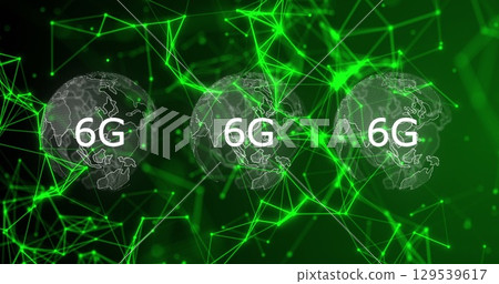 Image of rotating globes, connections and 6g on green background Image of rotating globes, connections and 6g on green background 129539617