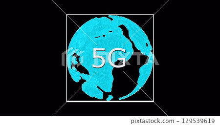 Image of rotating globe and 5g on black background 129539619