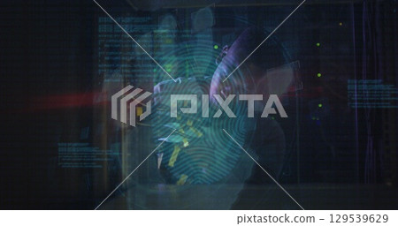 Image of finger print over african american male server room worker 129539629
