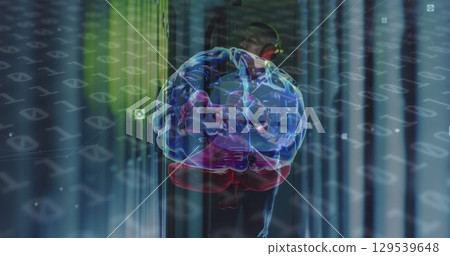 Image of data processing over african american server room worker Image of data processing over african american server room worker 129539648