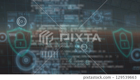 Image of data processing and fingerprint over blue background 129539663
