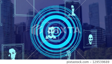 Image of data processing with diverse people portraits and scope scanning over cityscape 129539689